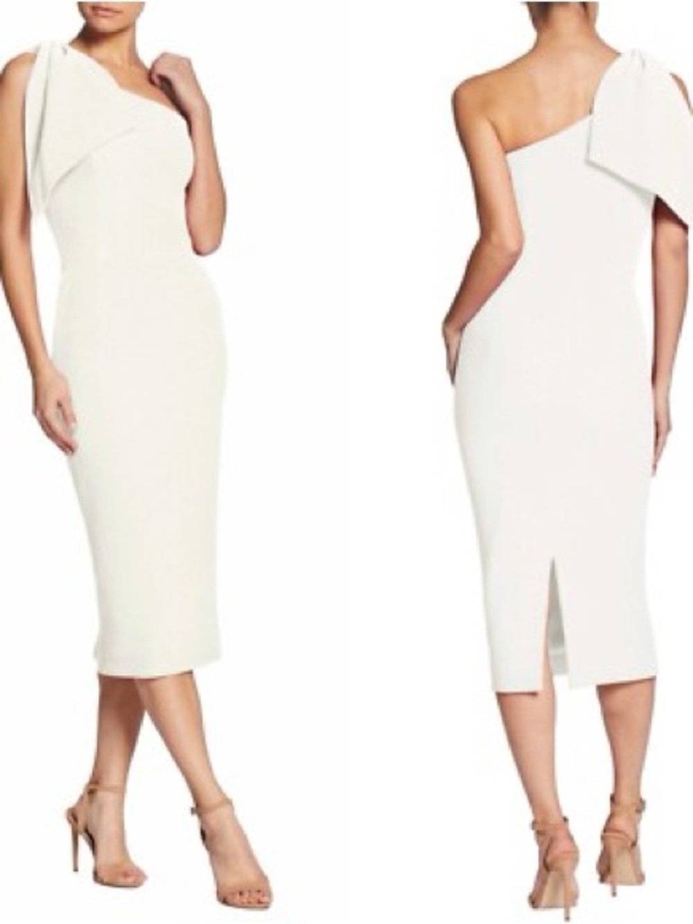 Dress the Population Tiffany One-Shoulder Cream Midi Dress with Bow Detail